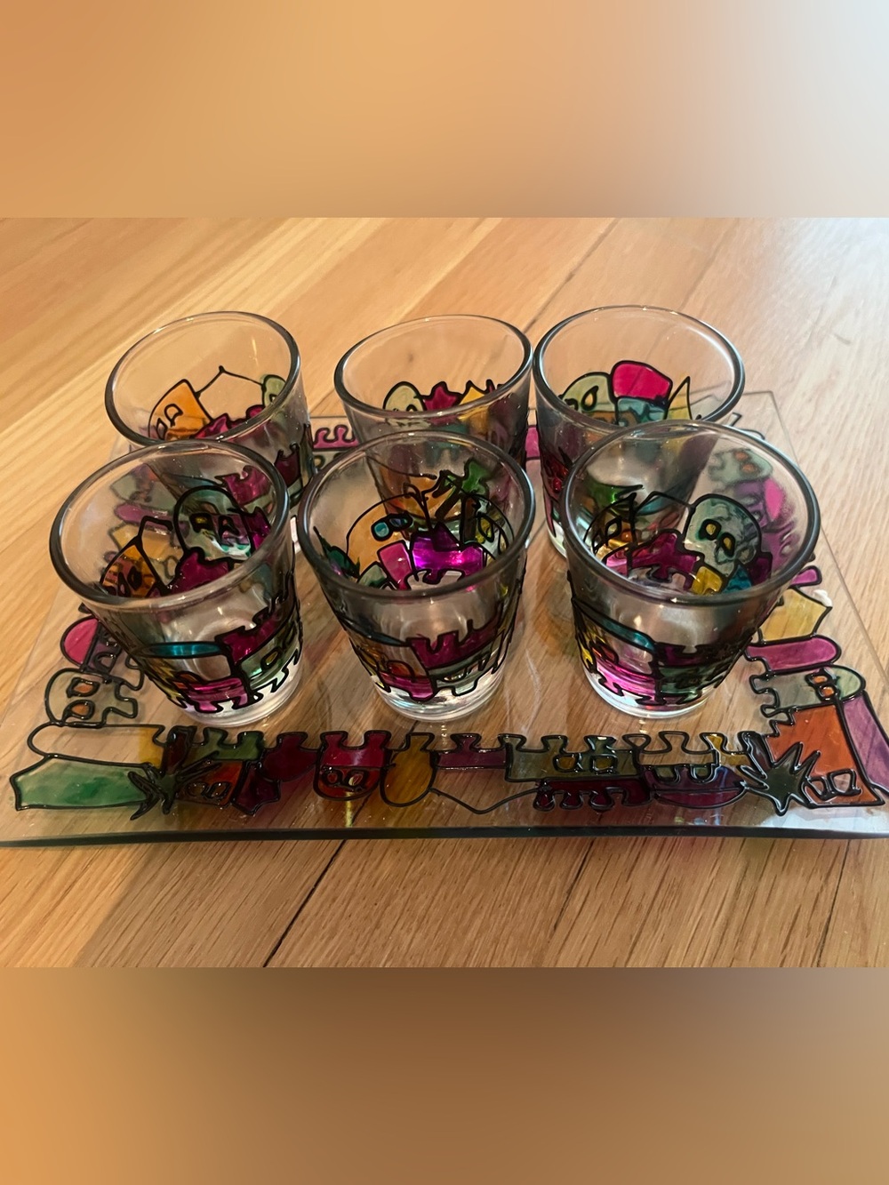 Hand-Painted Colorful Shot Glass Set with Tray. Jerusalem motif